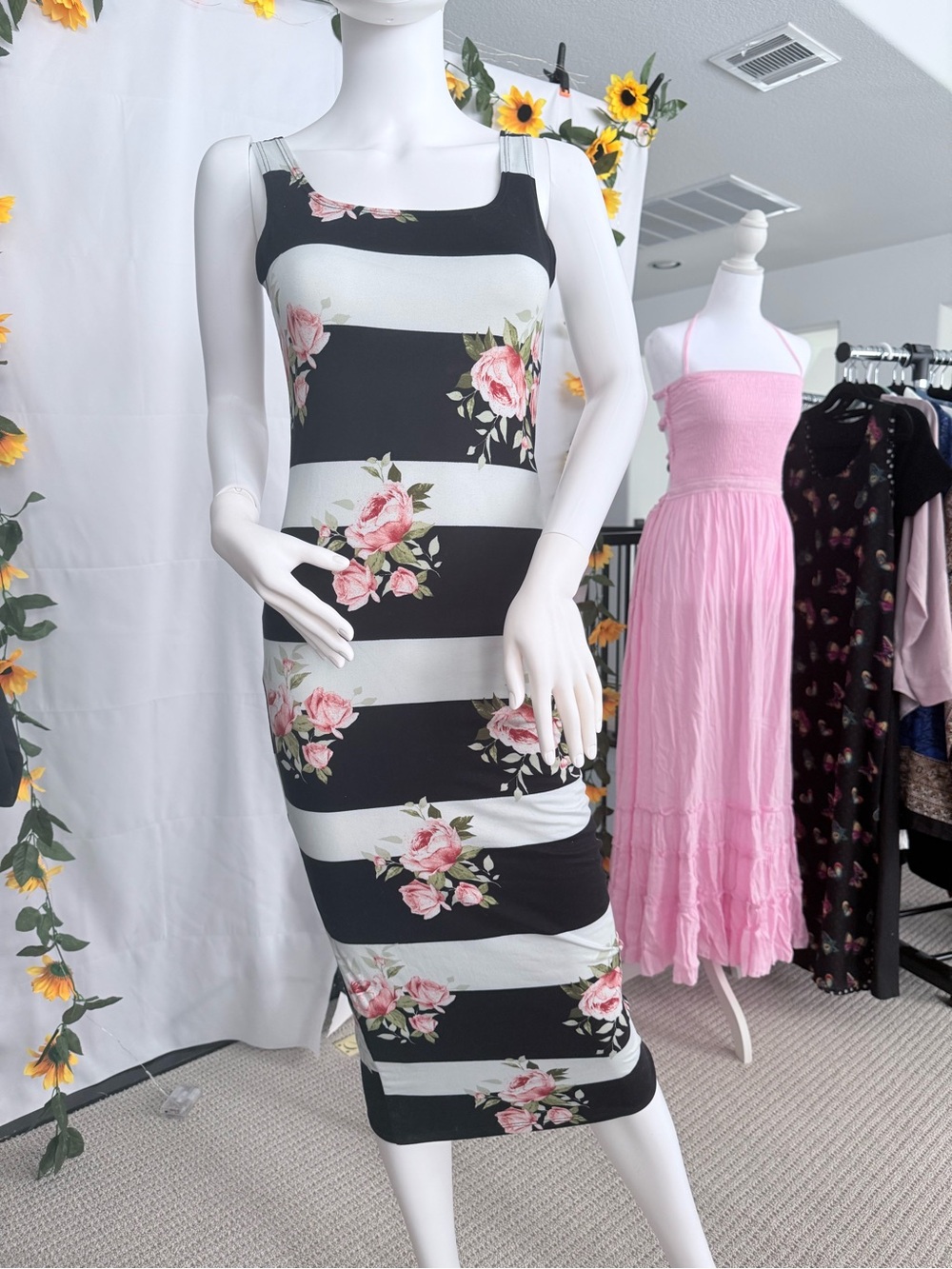Striped Black & White Midi Dress with Pink Rose Print